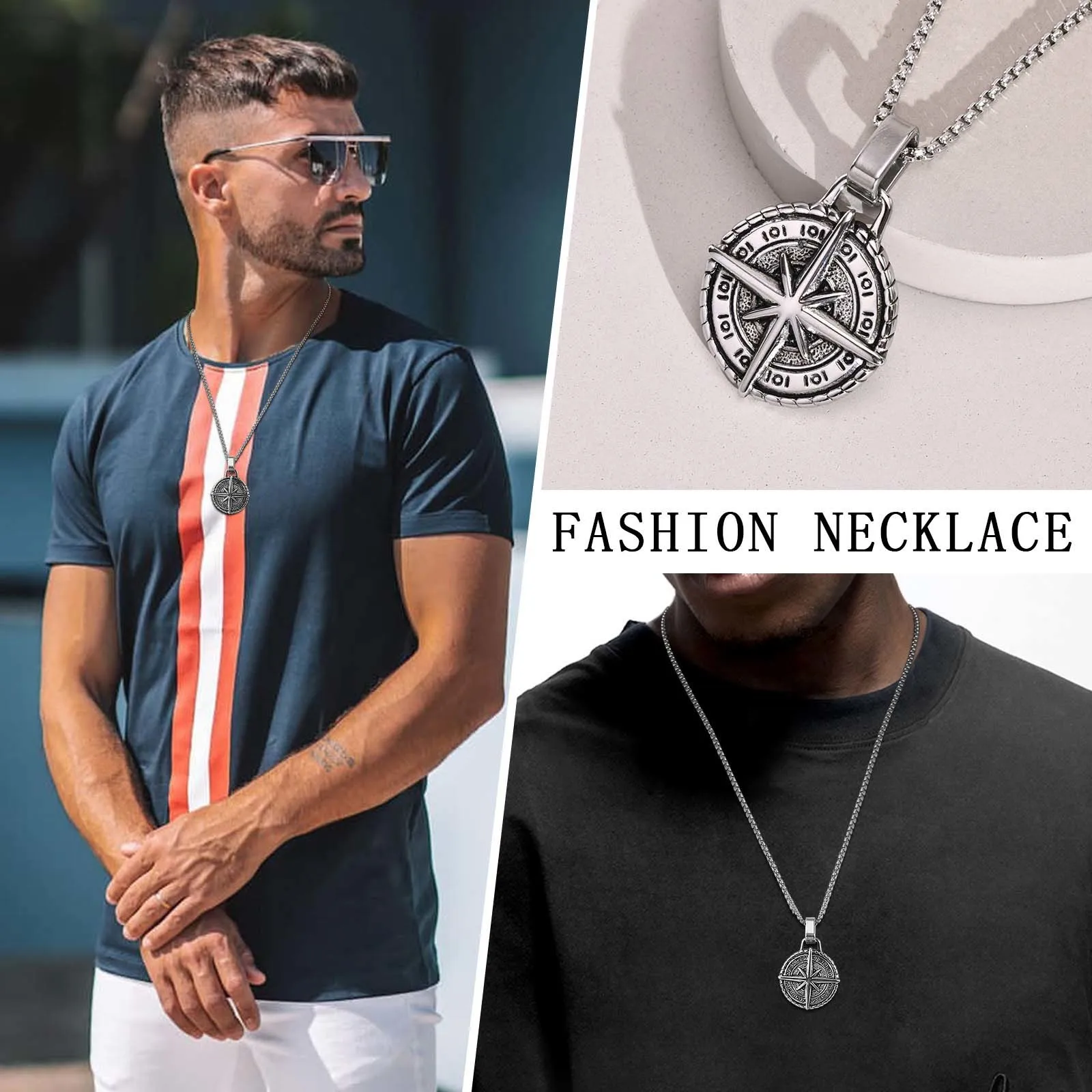 Vnox Stylish Mens Compass Necklace,Rock Punk Stainless Steel Compass Pendants Male Collar Jewelry