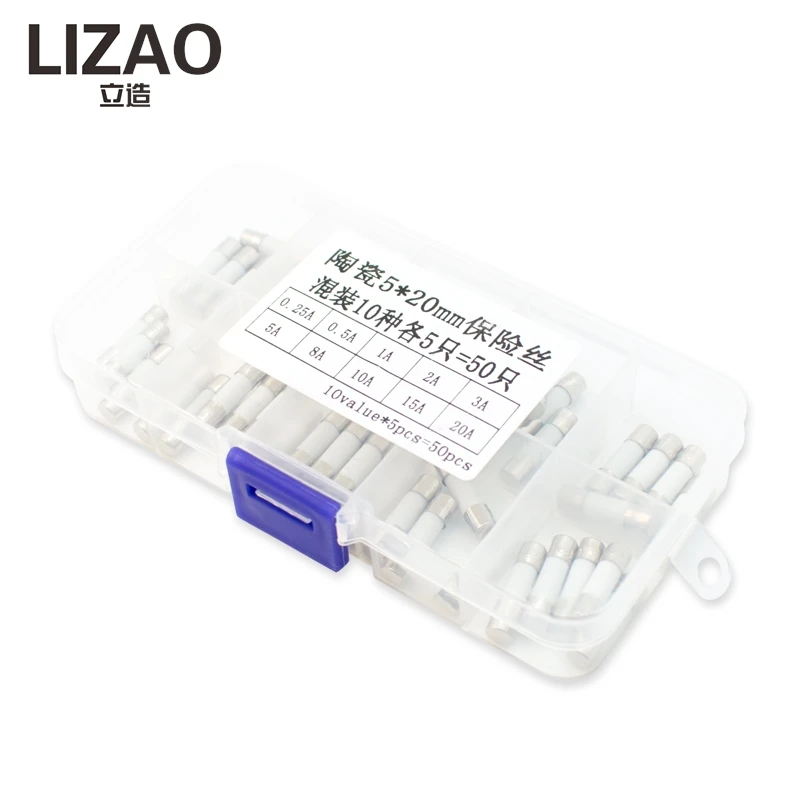 LIZAO 50pcs 5×20mm Glass Fuse Assortment Kit 250V Fast-Blow Fuses 3A-30A Mixed Pack with Storage Box