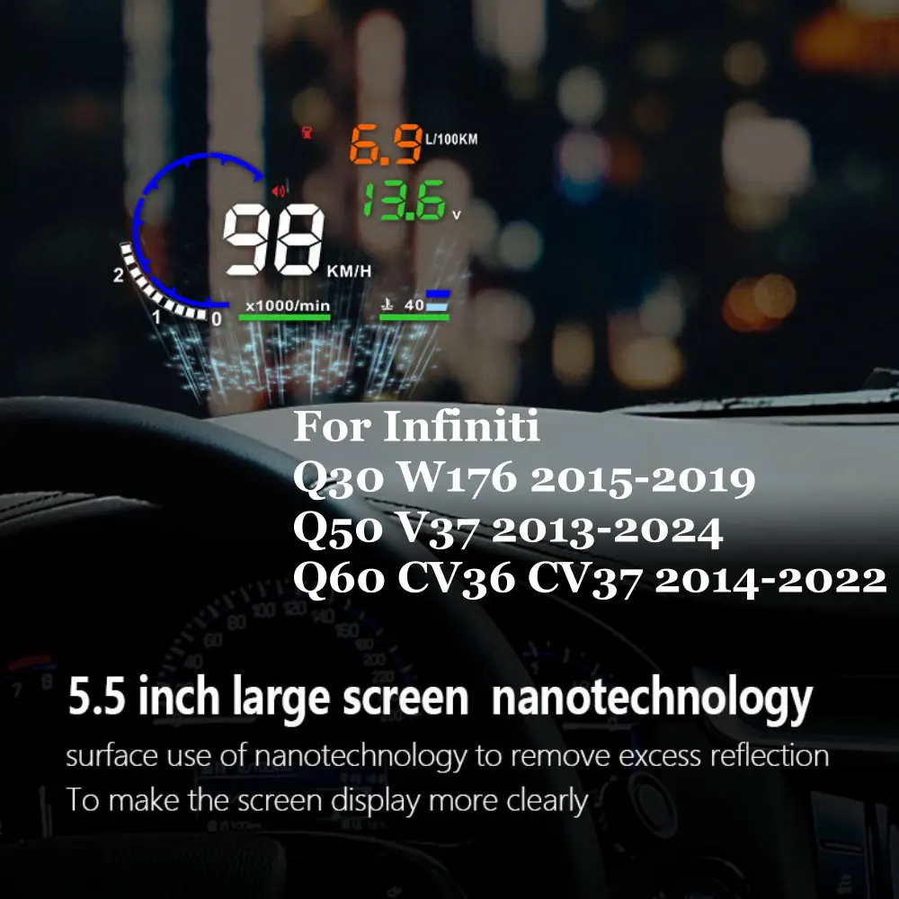 Car HUD Head Up Display LED Windshield Projection For Infiniti Q30 W176 2015-2019 Q50 V37 2013-2024 Q60 CV36 CV37 2014-2022