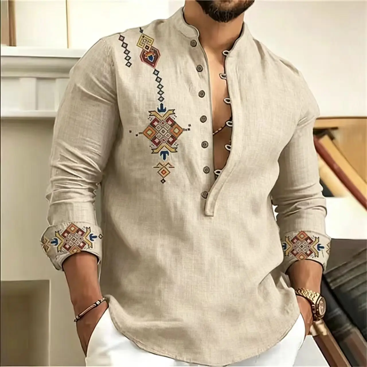 Men's Tribal Printed Shirt, Retro Geometric Printed Long Sleeved Shirt, Casual, Comfortable, Breathable, Plus Size XS-6XL