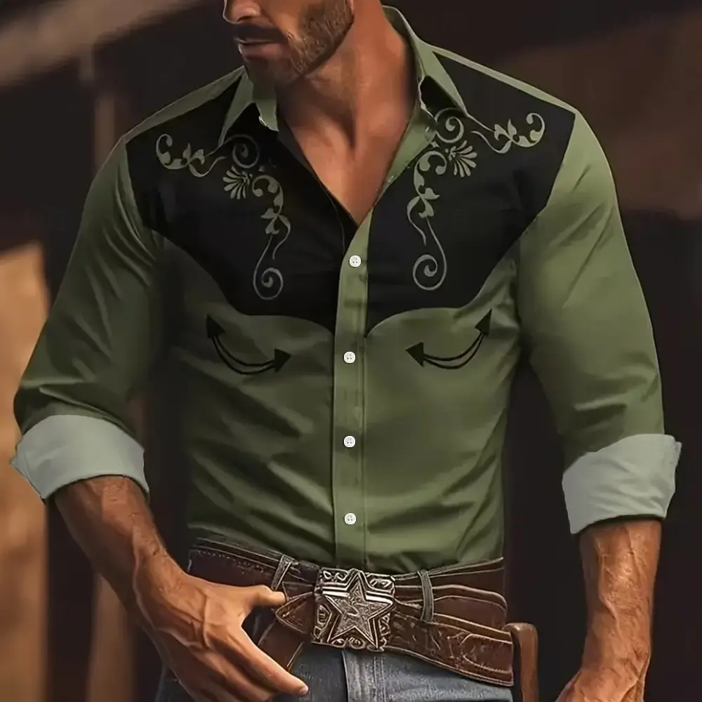 Men's Floral Print Ethnic Scrollwork Shirt Western Shirt Cowboy Shirt Long Sleeve Vintage Retro Outdoor Vacation Spring Fall