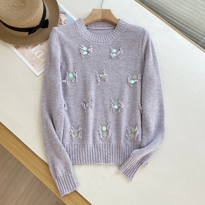 

Дизайнерский фиолетовый вязаный свитер 2025: Новинка осени, повседневный стиль, круглый вырез, длинный рукав, с блестками и бахромой, для женщин