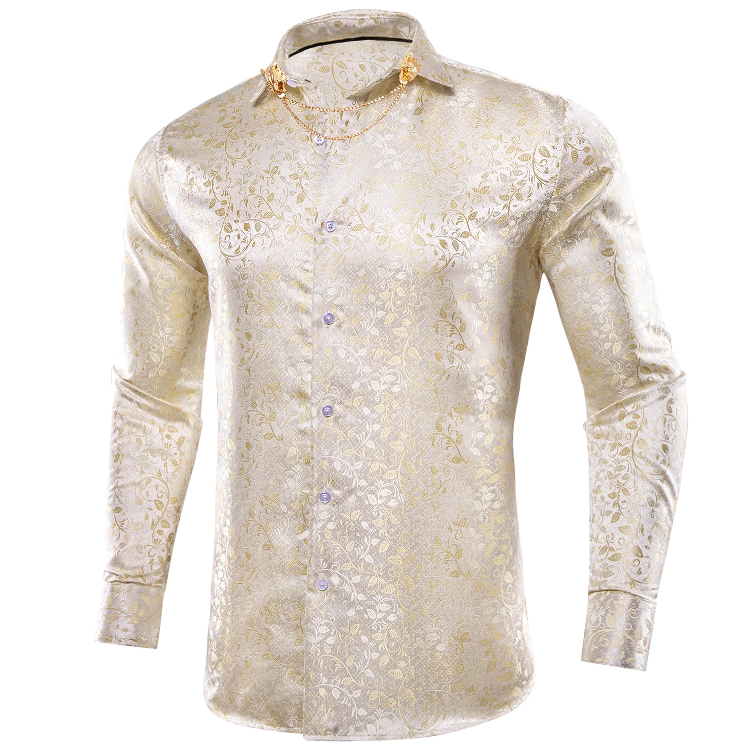 Hi-Tie Mens Floral Shirts Lapel Long Sleeve Beige Ivory Champagne Dress Shirt Jacquard Blouse for Male Wedding Business Prom