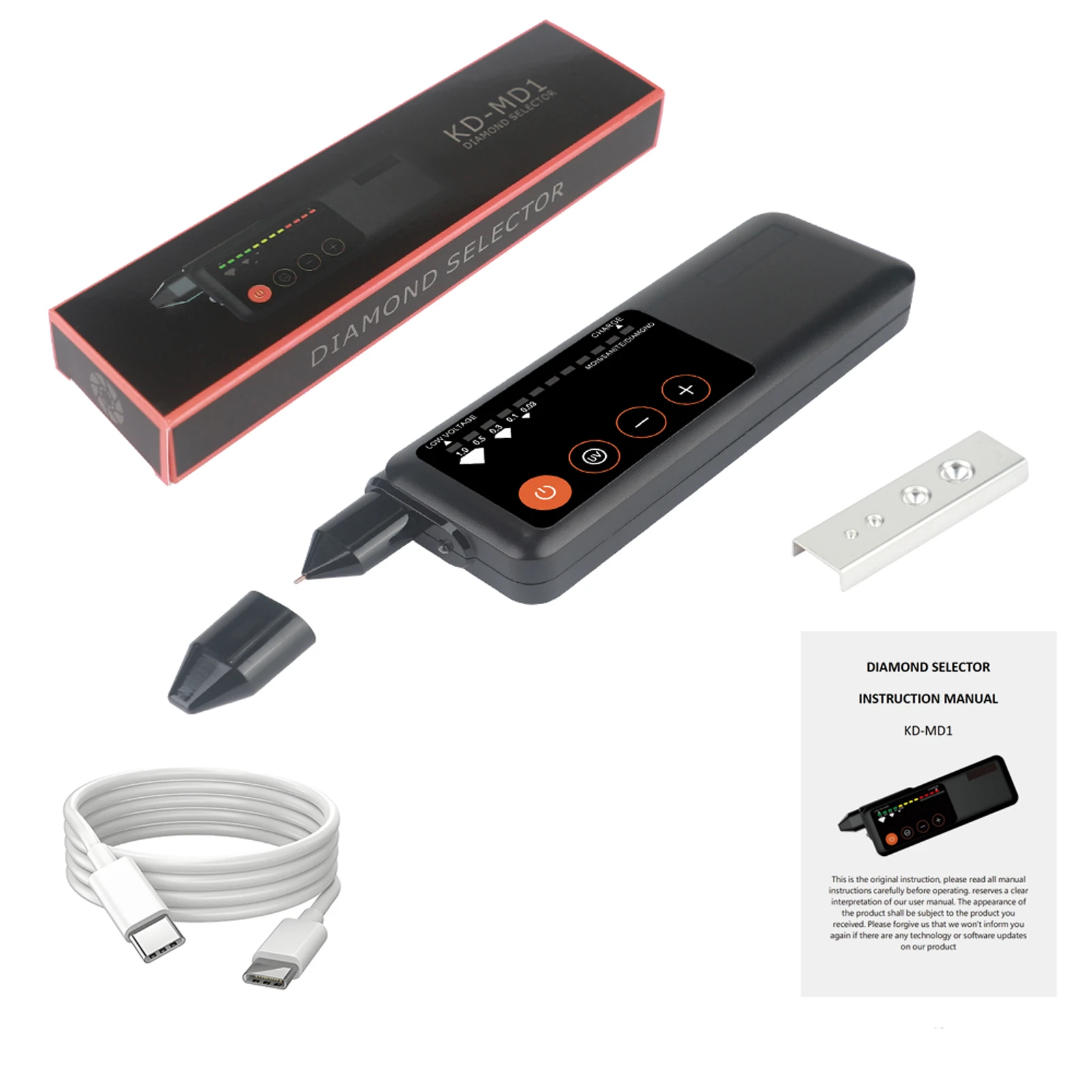 

Перезаряжаемая алмазная ручка-тестер с УФ-светом 158*45*21 мм 3,3-4,2 В 10-40 ℃ Литиевая батарея 800 мАч 14500 с 1 USB-кабелем 1