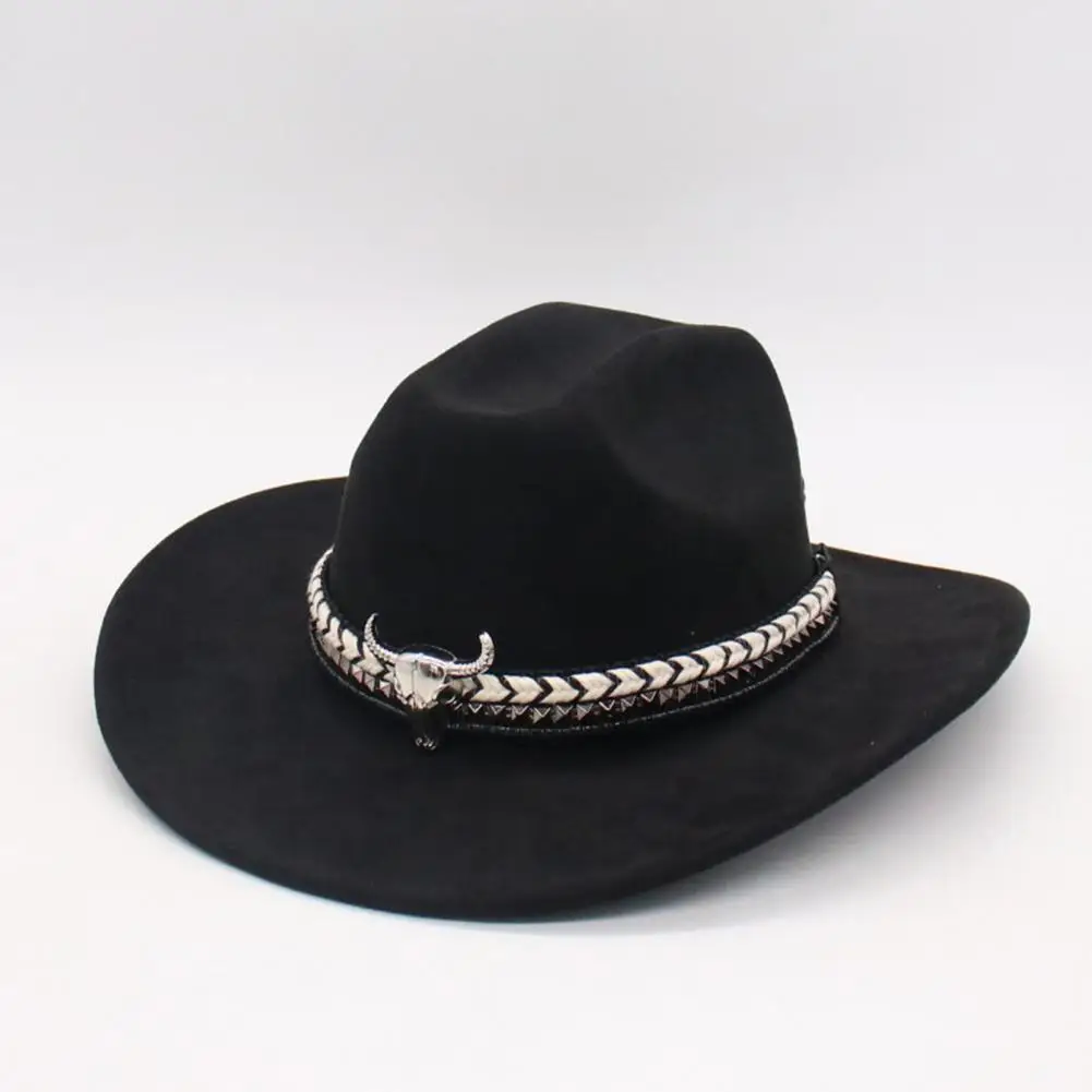 Outdoor Unisex Cowboy Hat Sun Protection Sun Hats Western Cowgirl Hat with Bull Head Band Decor Faux Suede Roll-up Fedora Hat