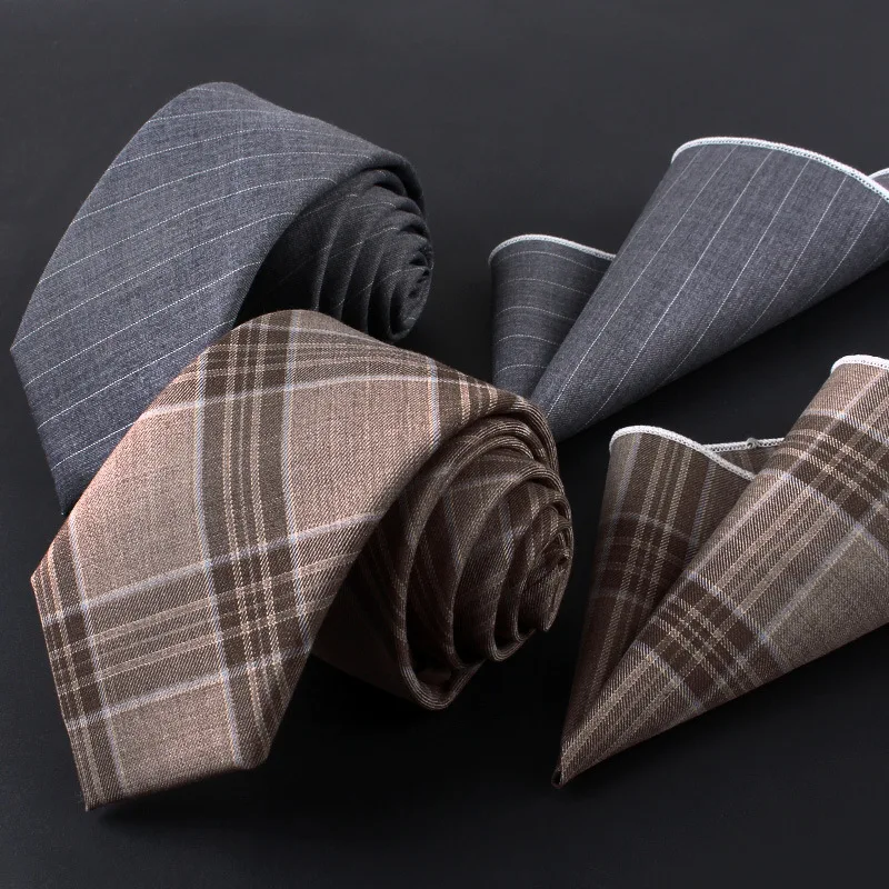 7CM Width High Quality Wool Neckties For Men Gentleman Handmade Skinny Grey Plaid Neck Ties Casual Brown Cravat Accessories Gift