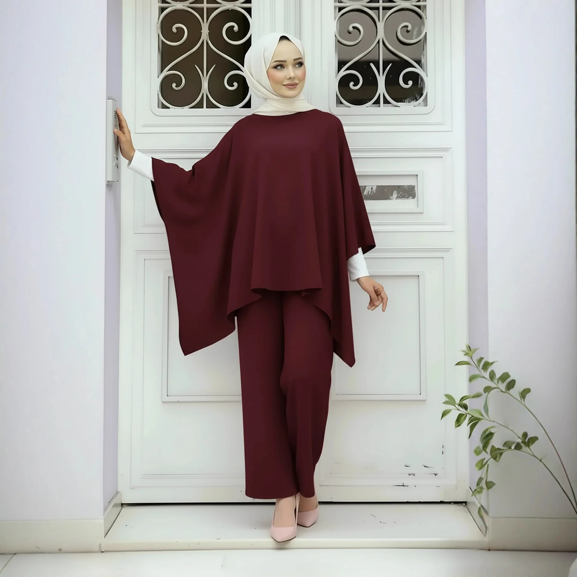 Moslim Gebreide Set Vrouwen Coltrui Jumper Top Wijde Pijpen Lange Broek Bijpassende Pak Islam Kleding Femme Musulmane Ensembles