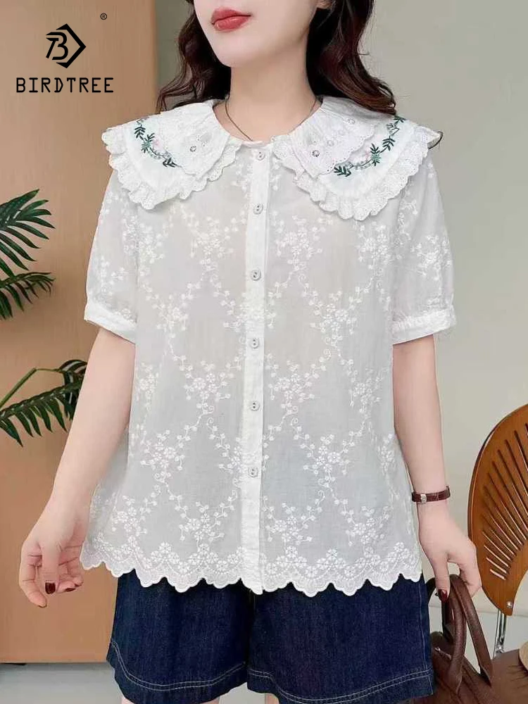 

New 2026 Summer Women Cotton Short Sleeve Shirt, Peter Pan Collar Embroidery, Mori Girl Preppy Style Thin Loose Blouse T63919CC