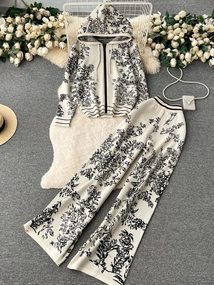 Two Piece Set Muslim Women Knitted Coat Hooded Jacket Zipper Wide Leg Pants Suit Print Ensemble Sports Outfits Knit Tracksuit