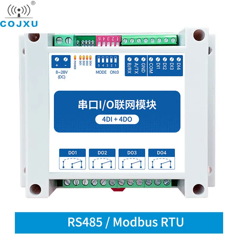 

ModBus RTU Последовательный модуль ввода-вывода Интерфейс RS485 4DI + 4DO 4 цифровых выхода Установка на рейку 8 ~ 28 В постоянного тока COJXU MA01-AXCX4040