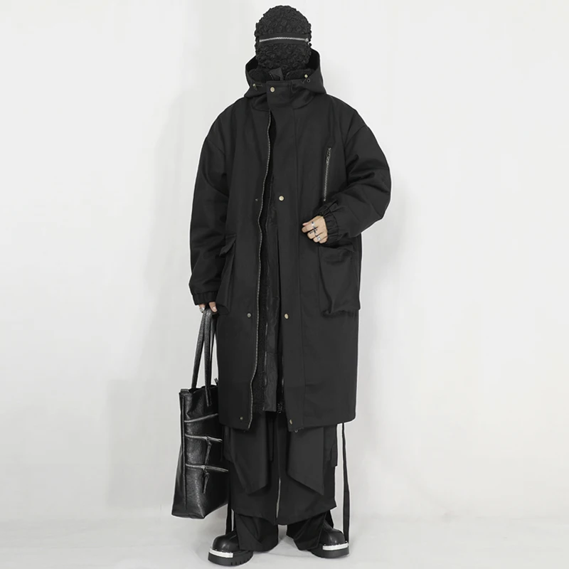 Winter Dark Wear Style Clothes Trench Coat Men's Mid-Length Heavy Warm Cashmere Two-Piece Thickened Hooded Loose Cotton