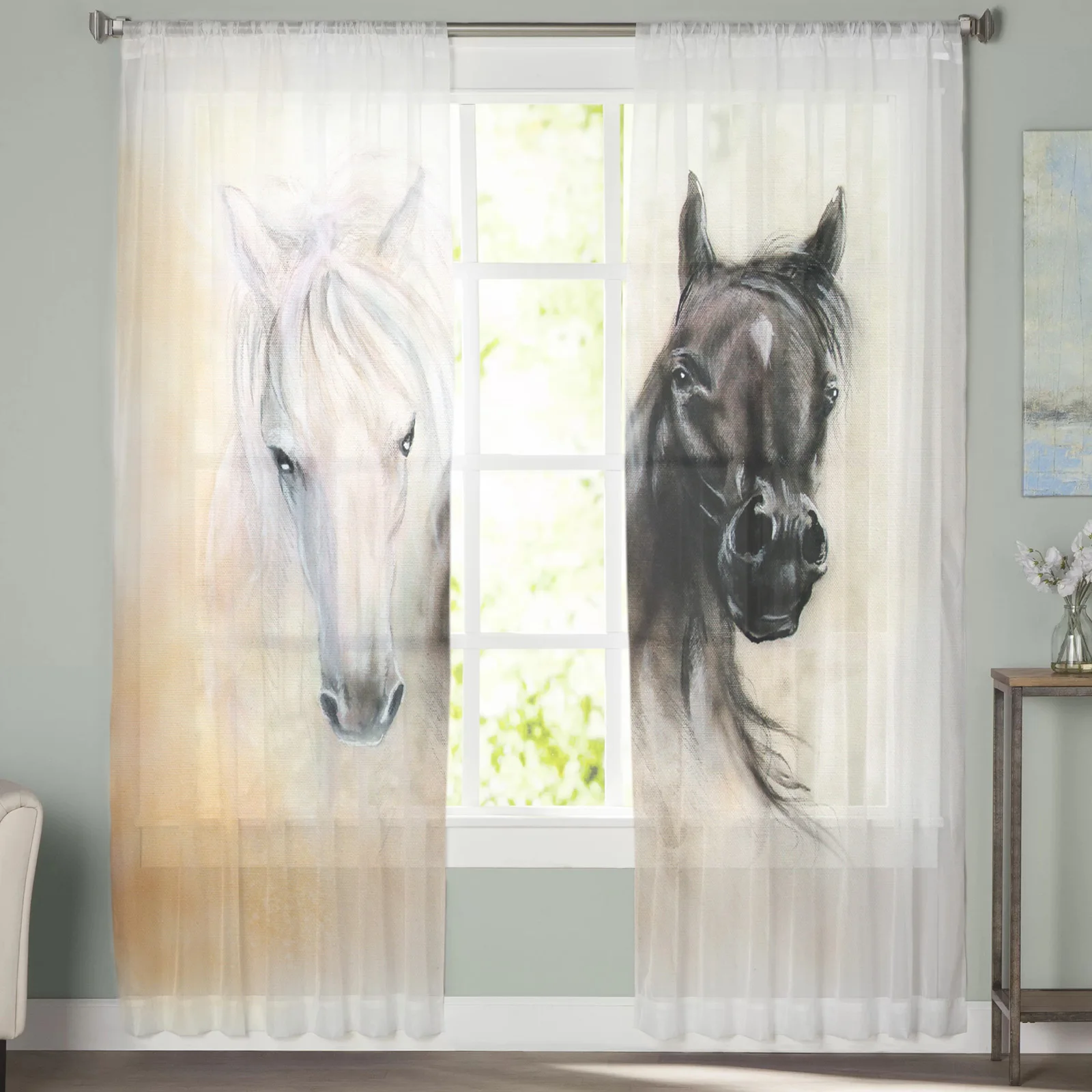 Black White Horse Watercolor Painting Tulle Sheer Window Curtains for Living Room Kitchen Children Bedroom Voile Hanging Curtain