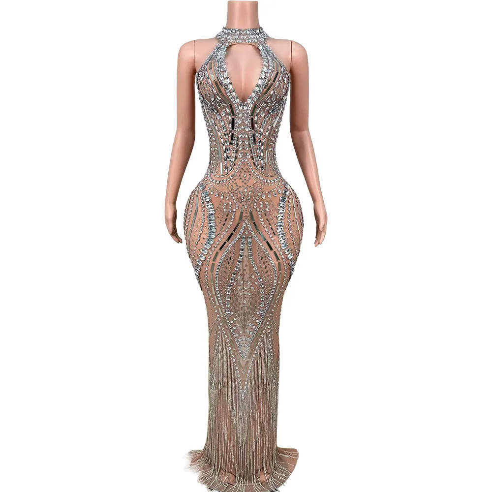 Women Silver Rhinestone Halter Cutout Mermaid Maxi Dress Tassel Mesh Gowns Birthday Evening Wedding Performance Stage Wear