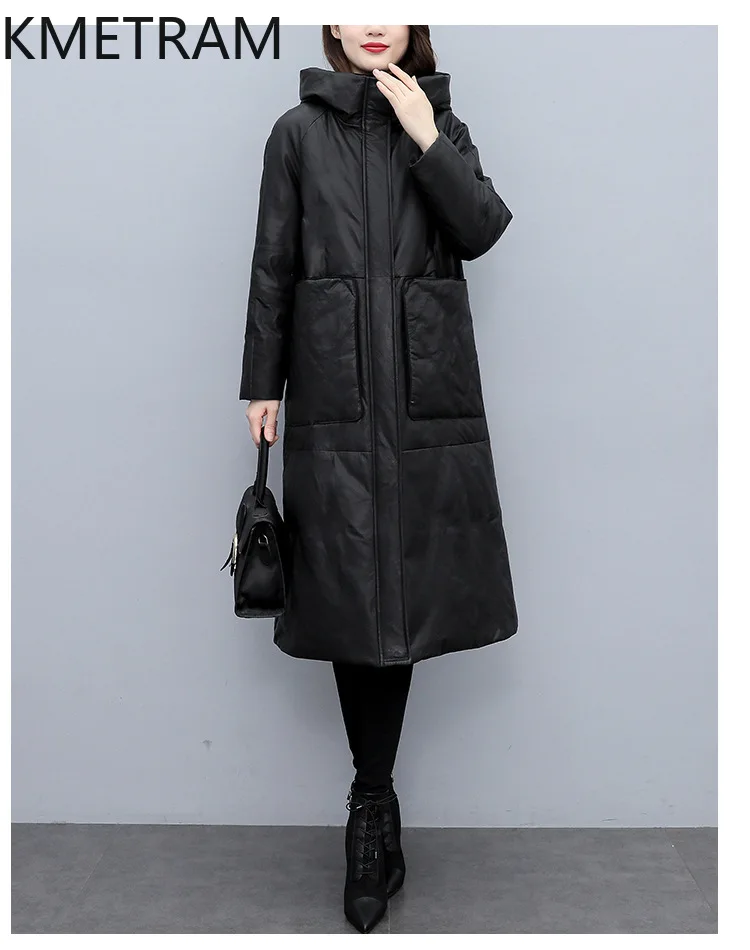 White Duck Down Leather Puffer Jacket Women Real Sheepskin Long Down Coats with Hood Womens Winter Clothes 2024 Пуховик Женский — zdjęcie 4
