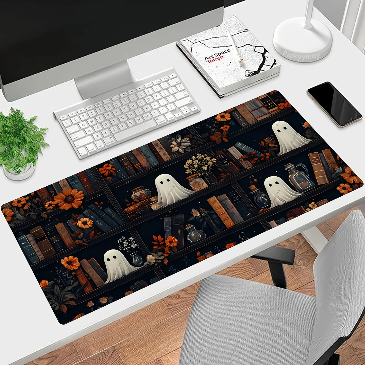 Tappetino per mouse a tema Halloween e autunno, durevole, resistente alle macchie, base in gomma antiscivolo, design carino della biblioteca dei libri, tappetino per tastiera XXL