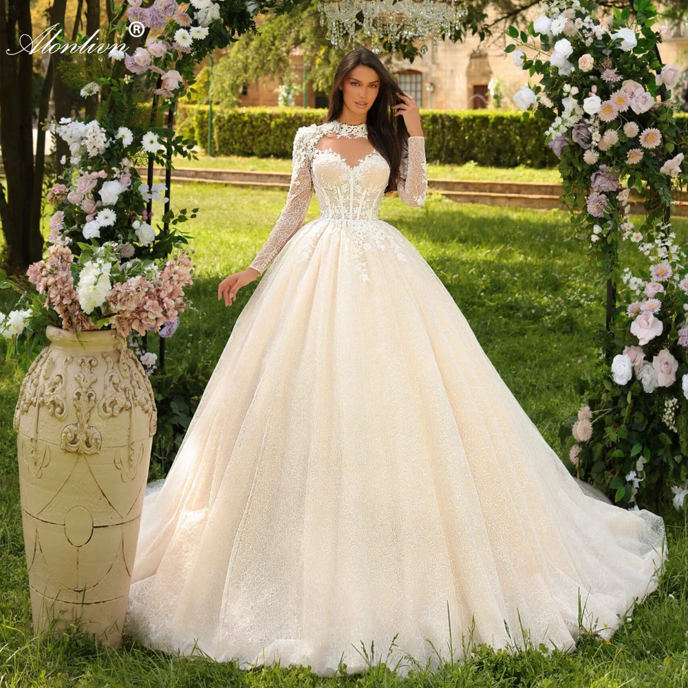 

Alonlivn Elegant Lace Women A-Line Wedding Dresses Beading Appliques Full Sleeves High Collar Court Train Bridal Gowns