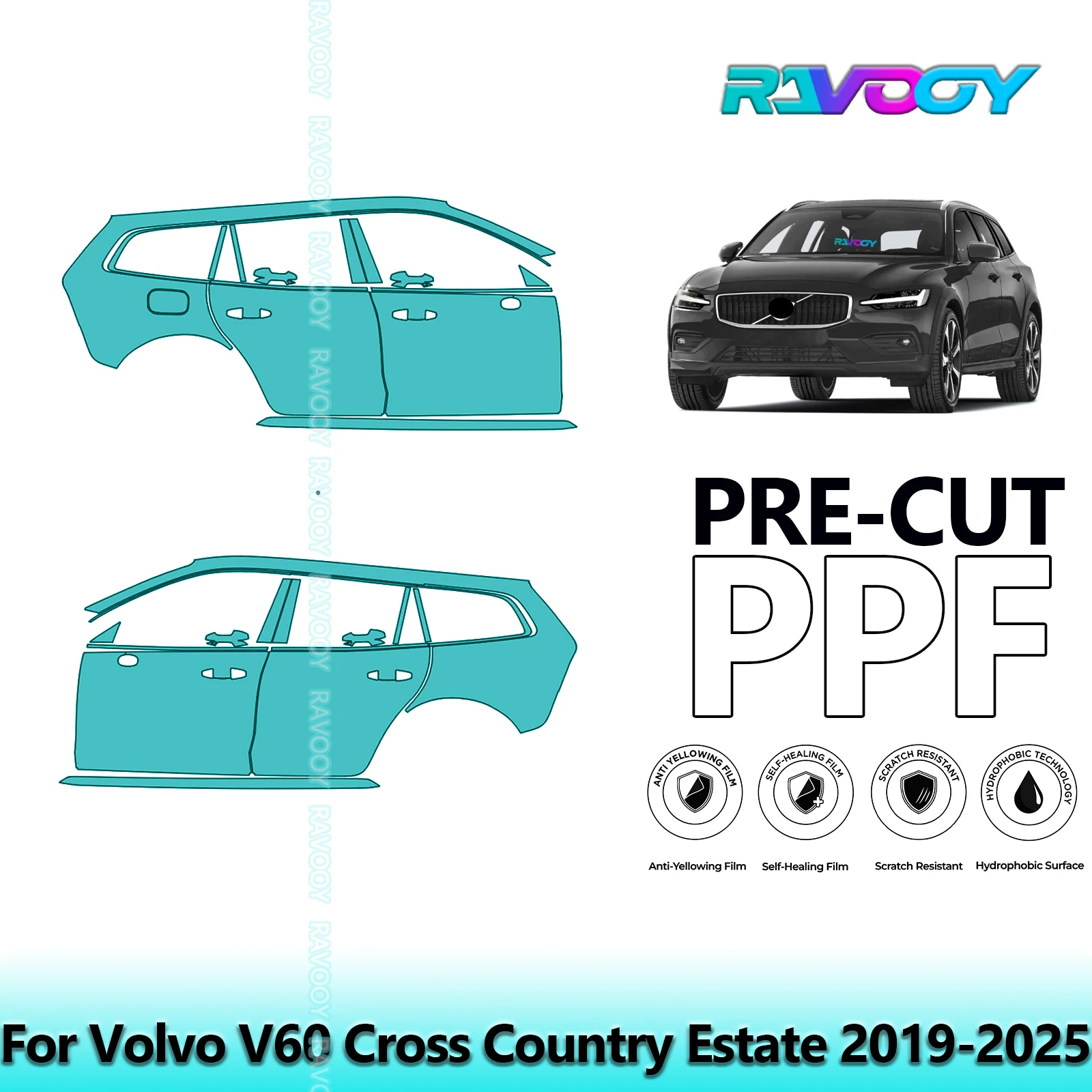 

For Volvo V60 Cross Country Estate 2019-2025 8.5mil Clear Matte Pre-Cut PPF Door & A/B Pillar Kit TPU Paint Protection Film Set
