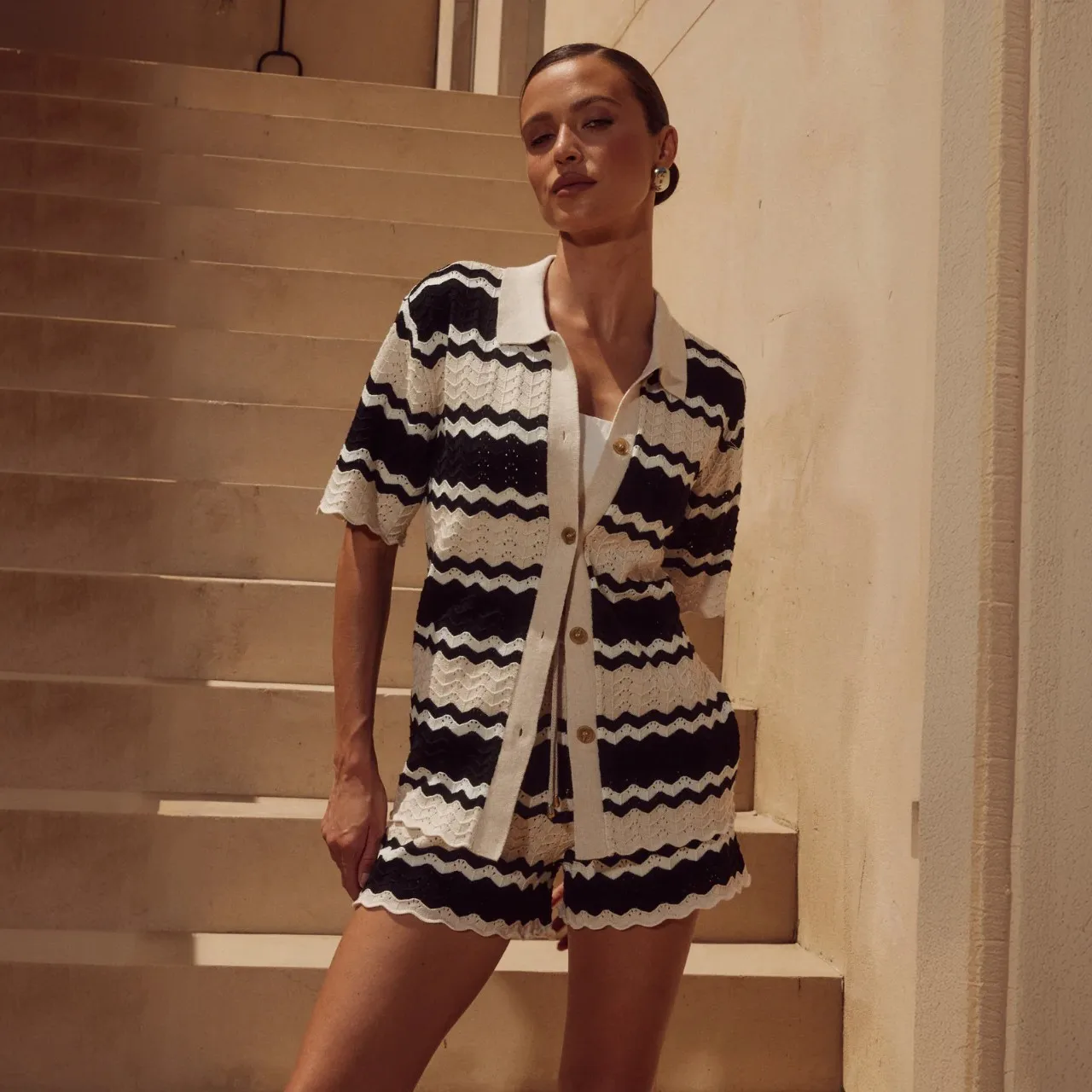 Women'S Summer Knited 2 Two Pieces Sets Suit Hollow Out Short Sleeve Single Breasted Tops And Shorts Pants Beach Holiday