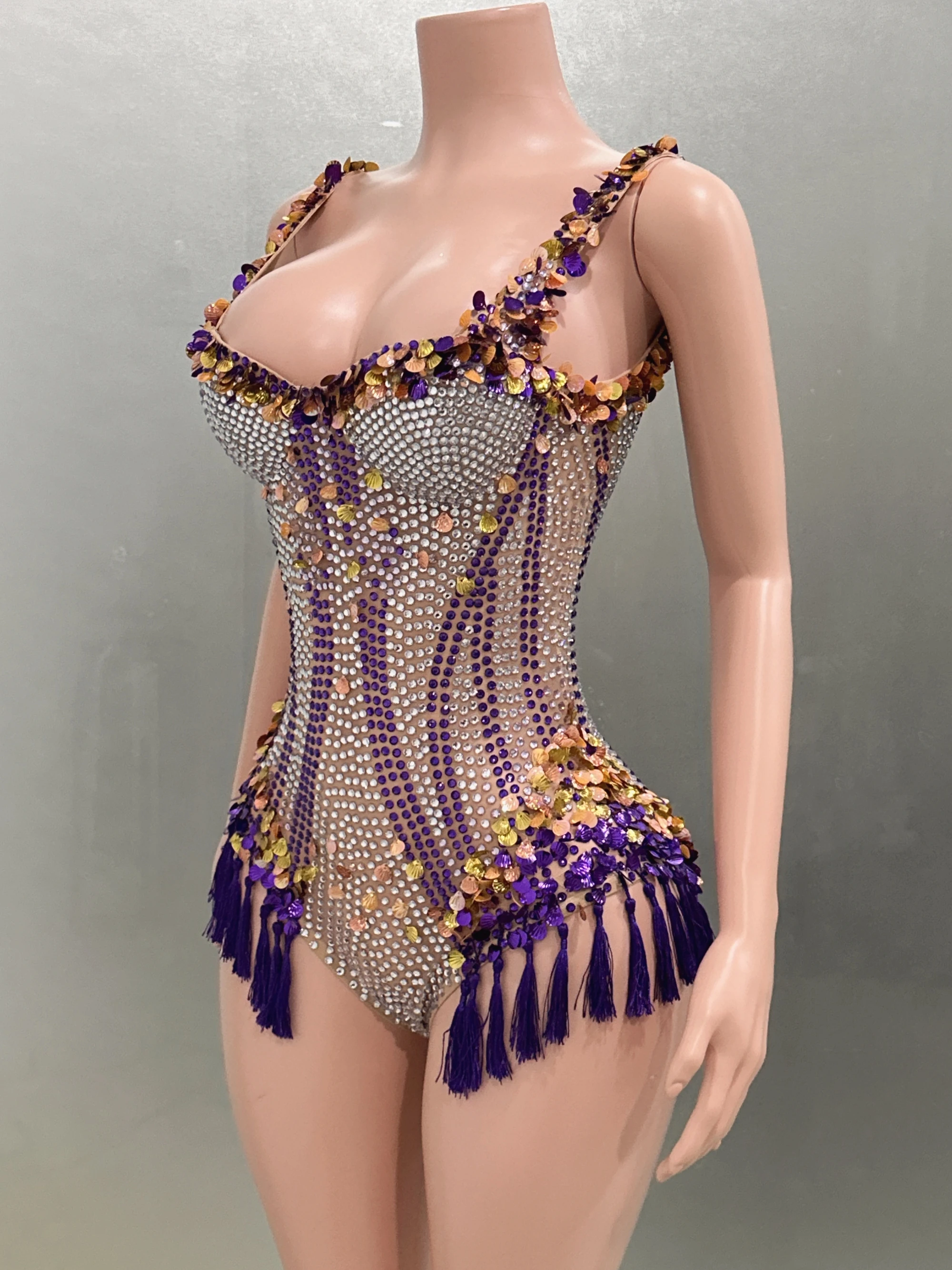 Luxury Diamonds Sequins Tassels Sexy Bodysuit Party Evening Star Performance Costume Nightclub Singer Dancer Stage Wear