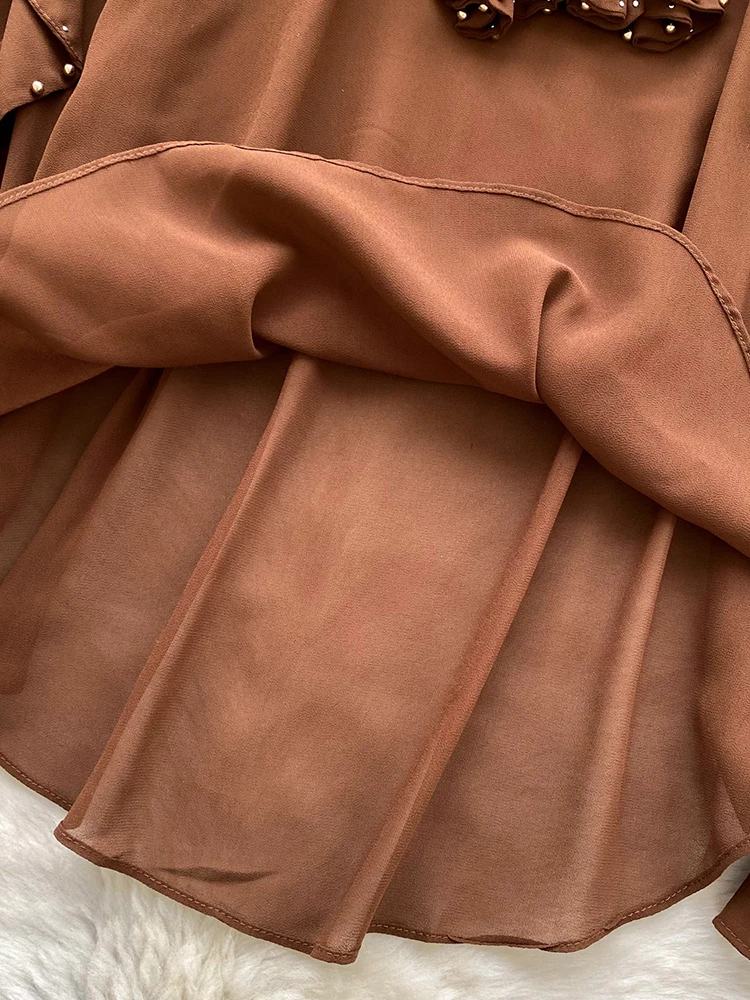 Blusa fina francesa de primavera y otoño para mujer, camisa de gasa con manga acampanada empalmada con volantes y cuentas de alta resistencia, Jersey holgado, Top BL300