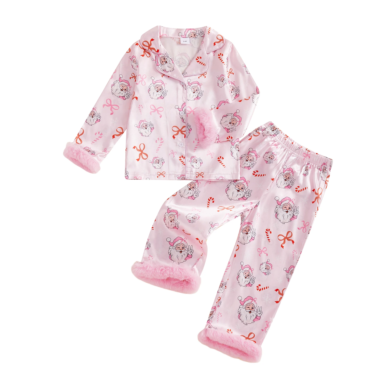 Girls Christmas Pajamas Set Long Sleeve Cookie/Tree Print Fur Cuffs Tops and Pants Set Sleepwear