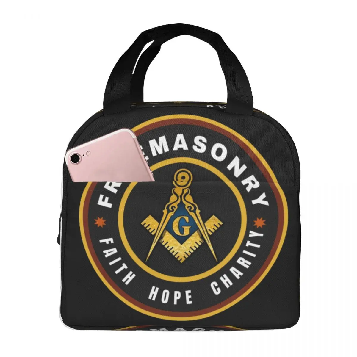 Freemasonry Symbol Insulated Lunch Tote Bag for Women Masonic Resuable Thermal Cooler Bento Box Work School Travel