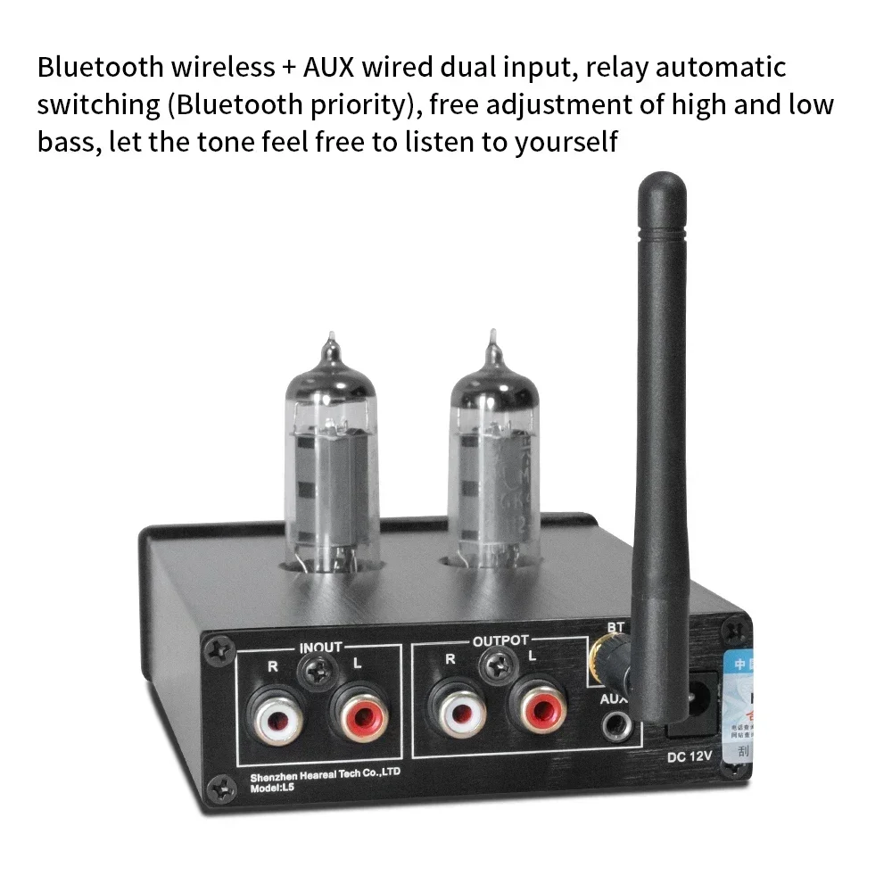 

Bluetooth 5.0 AUX Dual Input HiFi 6J5 Vacuum Tube Preamp Audio Amplifier With Treble Bass Ajustment