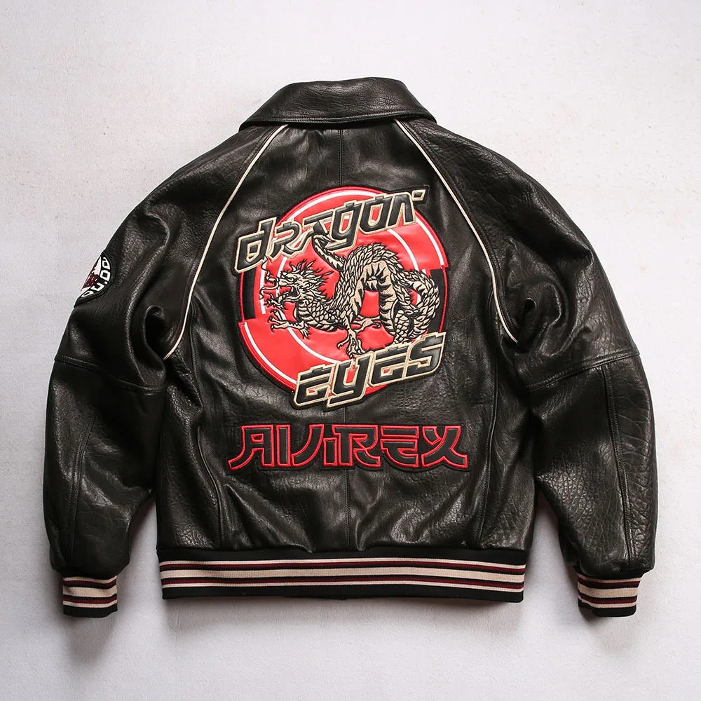 Men's Italian Sheepskin Jackets US Size Fashion Casual Lined Double Dragon Pattern Sandwich Warm Genuine Leather Clothes Jacket