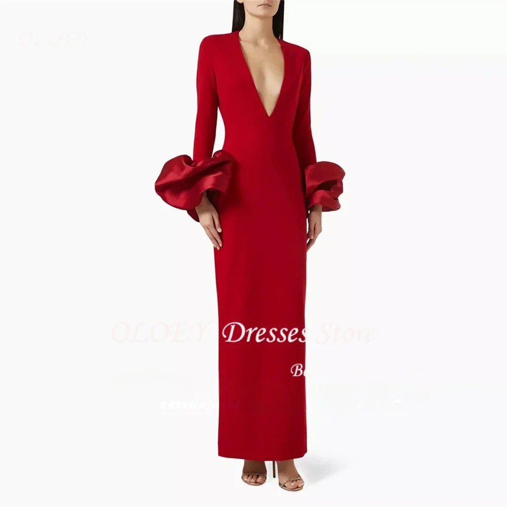 

OLOEY Customized Red Ankle-Length Women Party Dresses Deep V-Neck Long Sleeves Prom Evening Dresses Wedding Banquet Dinner