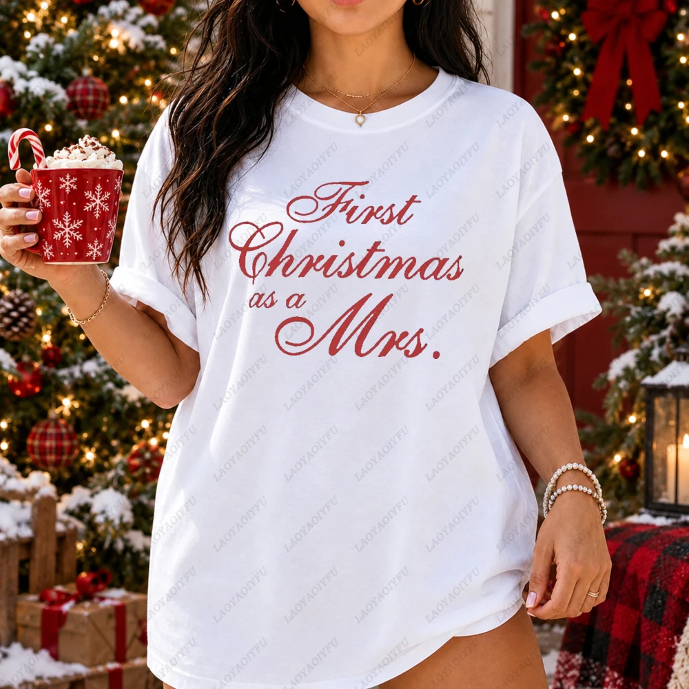 First Christmas As A Mrs TShirt Women Elegant Newlywed Script Print Short Sleeve Cotton Holiday Tops Bride Gift Women Clothing