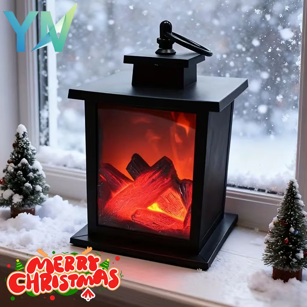 Simulated Flame Charcoal Fireplace Lantern Creative Home Decor Tabletop Mantel Shelf Living Room Bedroom Office Art Craft Accen