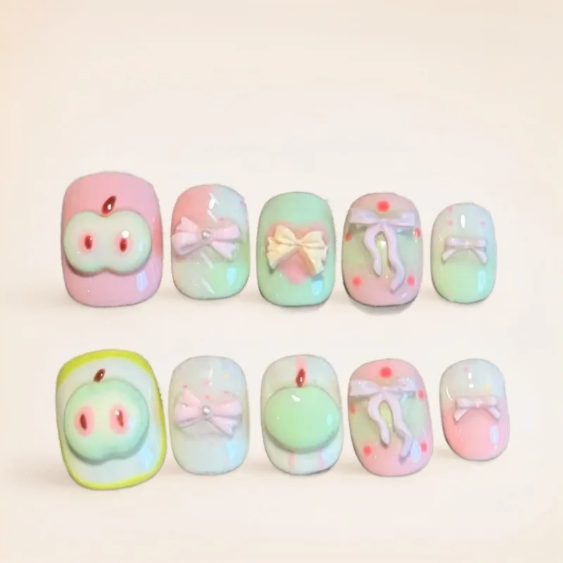 

10 Pieces Sweet and Cute 3D Green Apple Handmade Press On Nails Fresh and Soft Bow Fake Nails Removable and Reusable