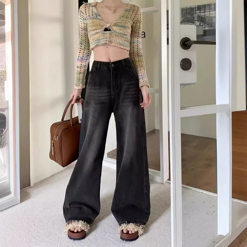 New Womens Retro Black Grey Jeans Spring Autumn Loose High Waist Straight Trousers Female Denim Wide Leg Floor Mopping Pants 5XL