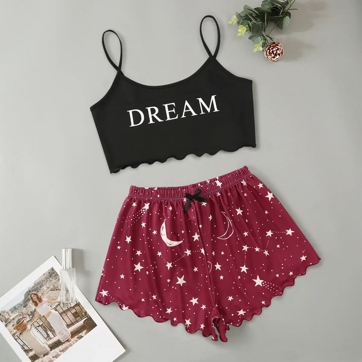 Summer Sexy Lingerie Women Pajama Set Sleepwear Moon Stars Letter Printed Sleeveless Crop Tops with Shorts Pyjamas Sets Suit