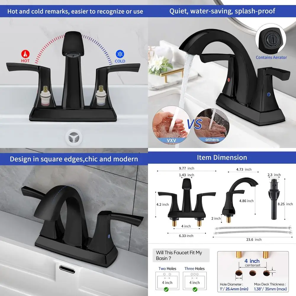 

Matte Black 2-Handle Low Arc Sink Faucets, 4-Inch Centerset with Pop-Up Drain and Supply Lines