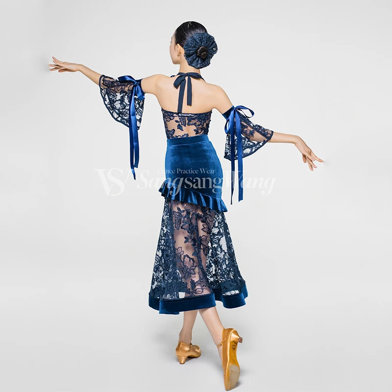 Meisjes Latin Danskostuum Ballroom Dansvoorstelling Kleding Kanten Tops Visgraat Rok Oefenkleding Competitie Jurk DNV23986