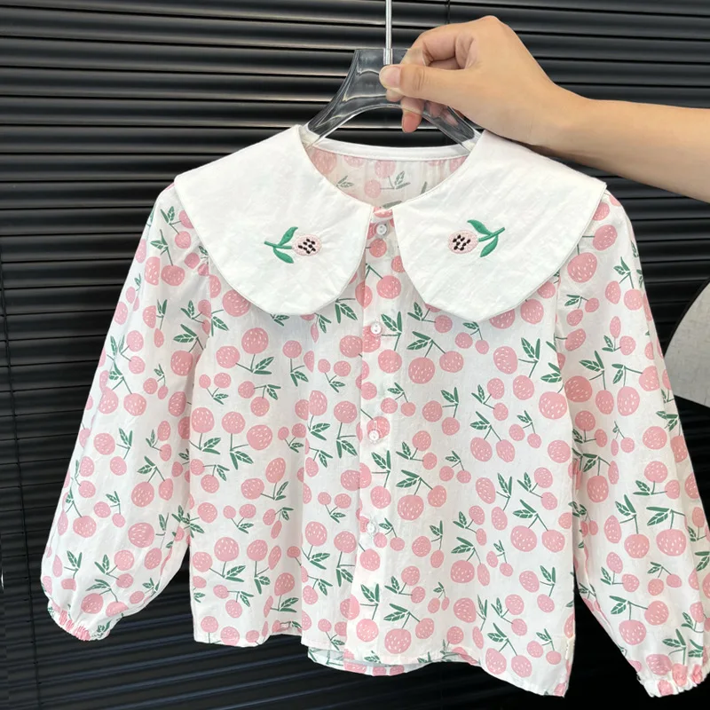 

Children's Spring and Autumn New Pure Cotton Shirt Long Sleeve Doll Shirt for Girls Sweet Baby Turn-down Collar Fashionable Tren