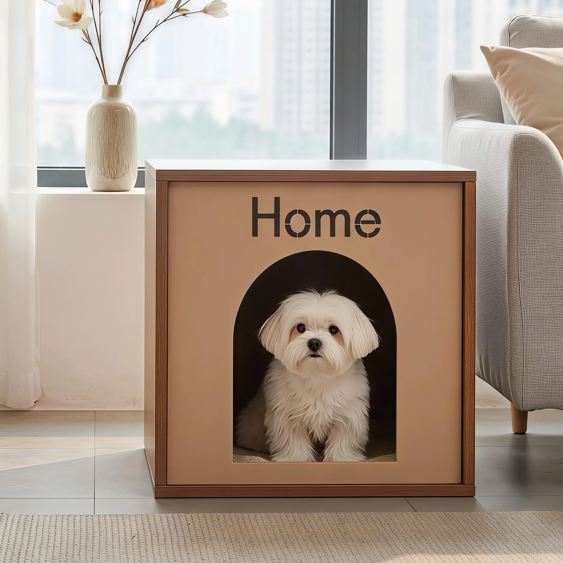 Square Wooden Enclosed Dog House for Indoor Use, Semi-Enclosed Pet House for Small Dogs, Pet Furniture