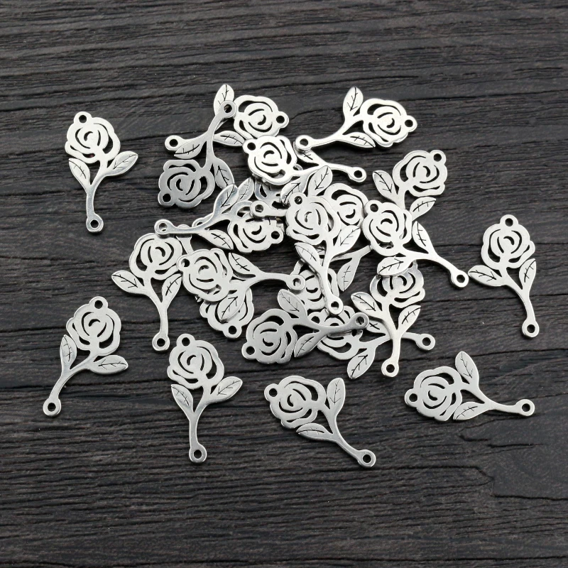 20pcs 17x10mm 316 Stainless Steel Double Loops Rose Flower Charms Pendant DIY Jewelry Findings Connector for Necklace Bracelet