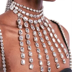 Gorgeous Crystal Long Tassel Big Square Pendant Choker Necklaces Wedding Jewelry for Women Rhinestone Multi-layer Collar Choker