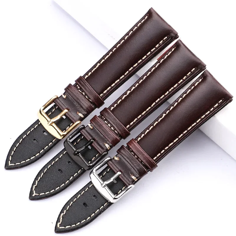 Handmade Genuine Leather Watch Band 18 19 20 21 22 24mm Black Dark Brown Vintage Strap Steel Pin Buckle