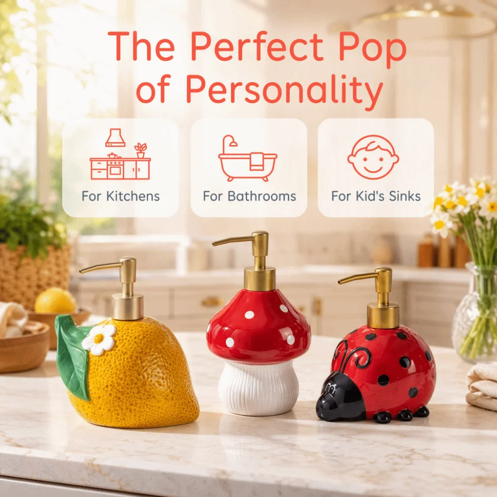 Large capacity Ceramic Soap Dispenser Decorative Refillable Bathroom Lotion Dispensers 3D Cute Lemon Mushroom Pump Bottle