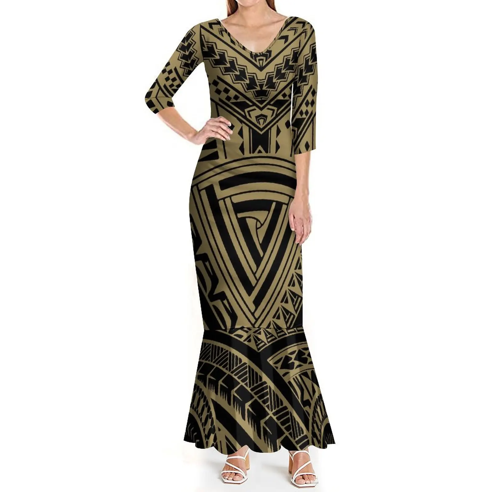 Medium Sleeve V-Neck Slim Fishtail Dress Polynesian Women'S Wear Fiji Aloha Men'S Shirt Hawaiian Tribe Coupleswear