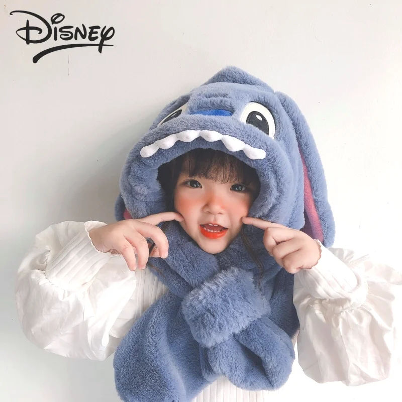 Disney Stitch Winter Child Hat Glove Set Kawaii Girl Plush Scarf Thicken Warm Baby Anime Cartoon Clothes Accessories Student