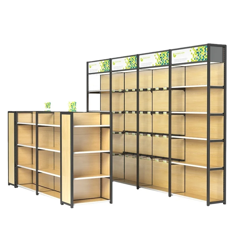 Custom.Wooden Metall Holz Farbe Gondel Regal Supermarkt Display Regale Design Lebensmittelgeschäft Display Regal Doppelseitiges Rack