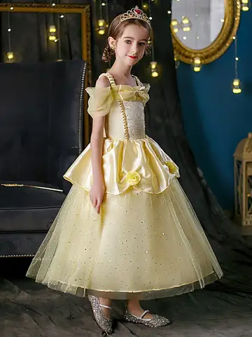 Kids Belle Costume Girl Halloween Princess Cosplay Party Dress Children Rapunzel Cinderella Anna Elsa Encanto Birthday Clothes