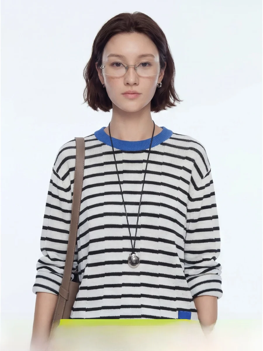 

Cloud Life Piano Key Color Block Striped Loose Fit Women's Knitted Sweater round Neck Long Sleeve Soft Wool Blend Spring 2026