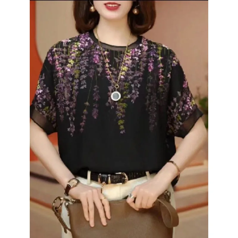 2024 Women\'s New Summer Pullovers Printed Crew Neck Casual Fashion Loose Commuter Short Sleeve Double Crepe Silk Chiffon Tops