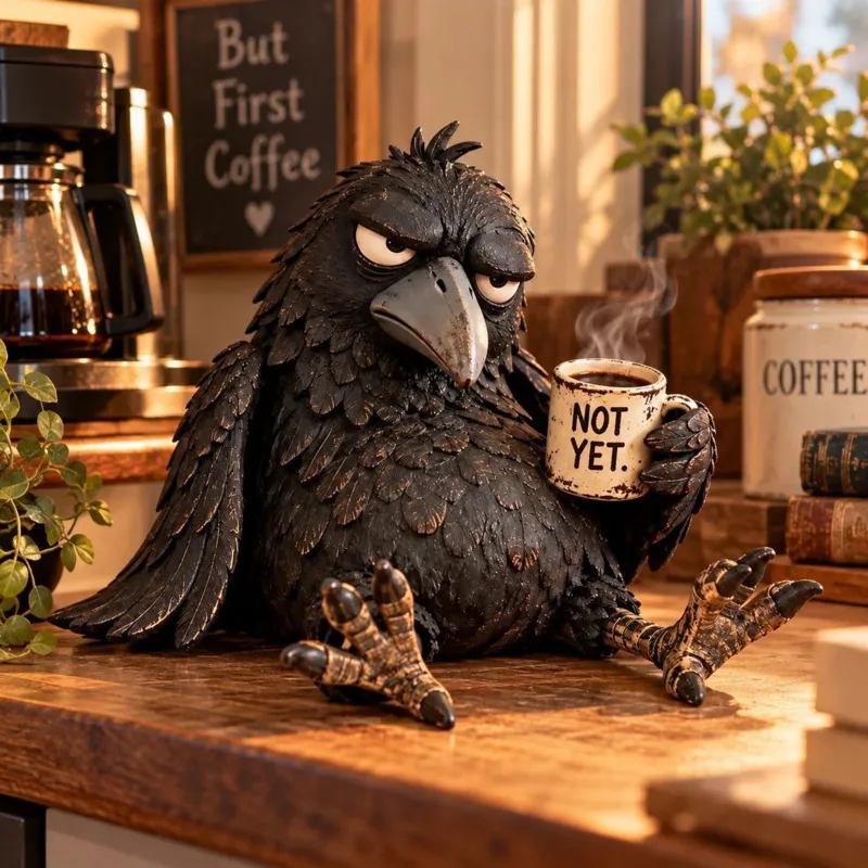 20cm Raven Figurine Grumpy Coffee Bird Statue Funny Resin Office Home Desk Tabletop Ornament Decoration Novelty Gift
