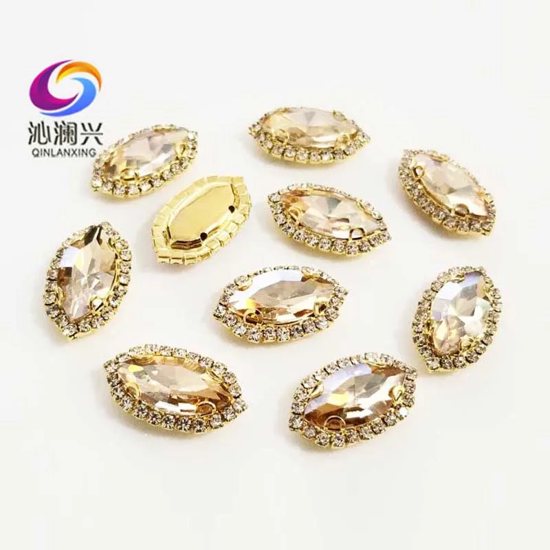 Gold Bottom Champagne Color Glass Crystal Rhinestones, Eye Shape Sew on Buckle, Used for Needlework, Clothing Sewing Accessories